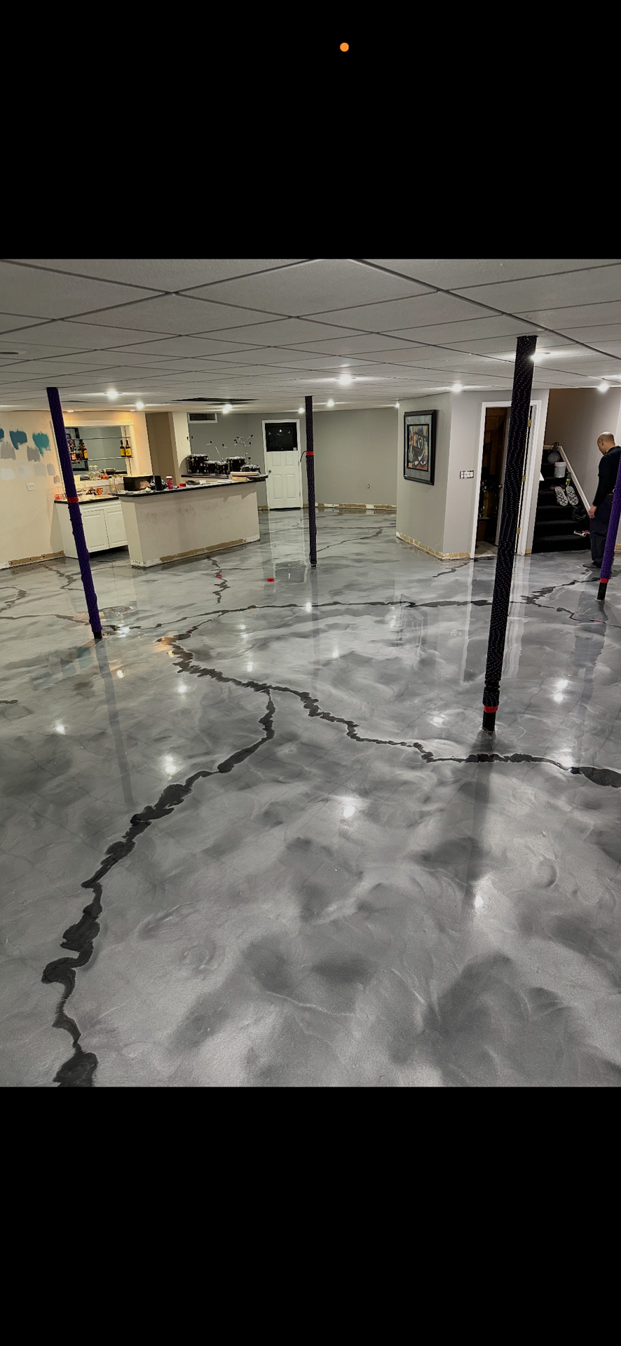Gray Marble Metallic Epoxy Basement Wide View